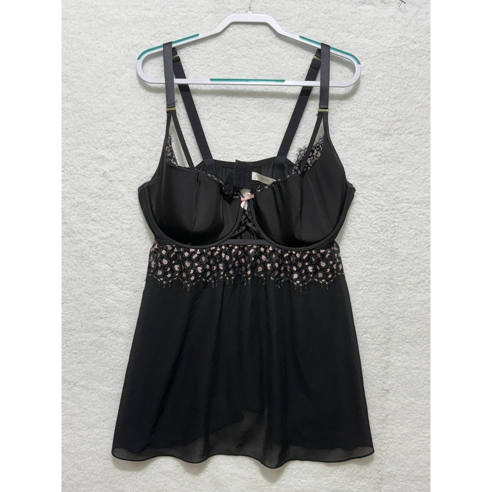 Cacique Black Lace Trim Babydoll‎ Lingerie Sheer Top Adjustable Straps 44DDD